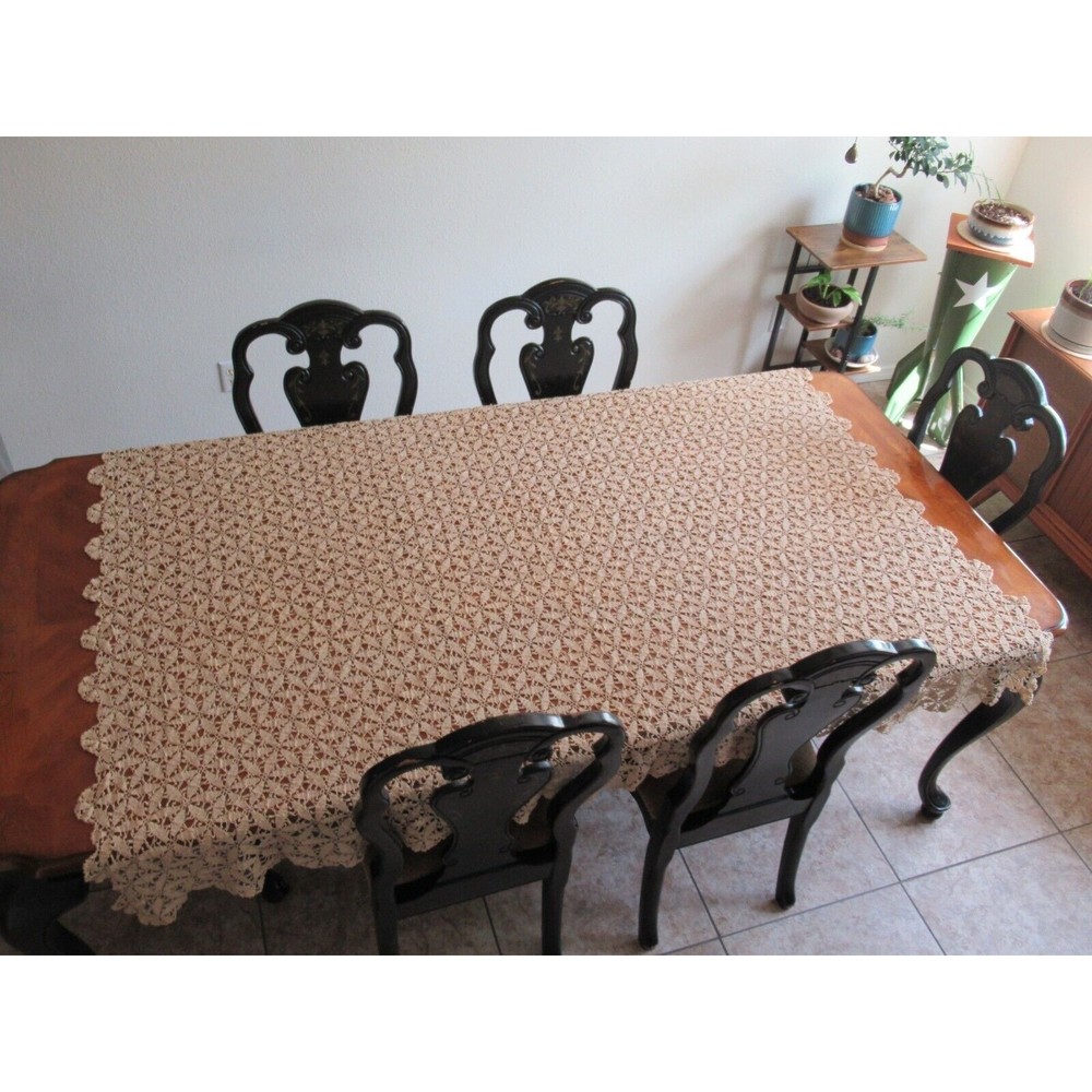 Vintage Handmade Beige CROCHET LACE TABLECLOTH Coverlet Bed Topper 59"x79" - Picture 1 of 14